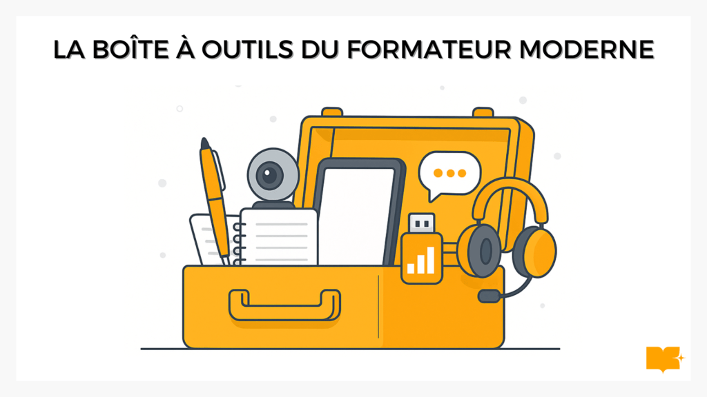 -Illustration => Une grande boîte à outils ouverte. À l'intérieur, au lieu d'outils de bricolage, on trouve une sélection d'objets symbolisant la formation moderne : un stylo et un carnet (création de contenu), une webcam ou un microphone (visioconférence), une tablette ou un smartphone (mobilité / e-learning), une clé USB (stockage), une bulle de discussion (communication interne), une icône de graphique à barres (reporting), un casque audio (apprentissage en ligne).