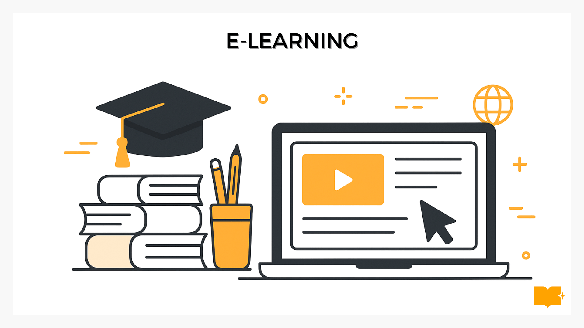 -illustration => Image vectorielle intitulée « e-learning ». À gauche, une pile de livres surmontée d’une toque de diplômé, accompagnée d’un pot à crayons. À droite, un ordinateur portable affichant une page de formation en ligne stylisée. Un grand curseur à l’écran met en évidence la navigation numérique.